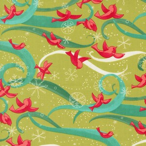 May include: A green background with a repeating pattern of red birds flying through swirling turquoise lines. The background is also decorated with white snowflakes and dots.