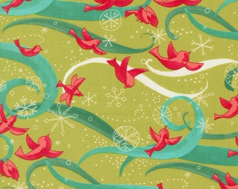 Winterly Chartreuse Green Birds with Ribbons Fabric - Moda Fabrics 48761-12, Christmas Themed Birds and Snowflakes Fabric By the Yard