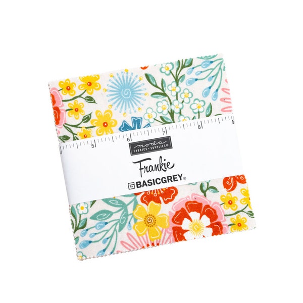 Frankie Charm Pack - Moda 30670PP, 42  5" Fabric Squares, Floral Charm Pack, Modern Floral Charm Pack, Green Yellow Orange Charm