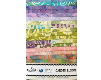 Island Batik Garden Bloom Strip Pack - 40  2 1/2" Pre Cut Fabric Strips, Pastel Colors Batik Strip Pack, Green Blue Pink Batik Fabric Strips