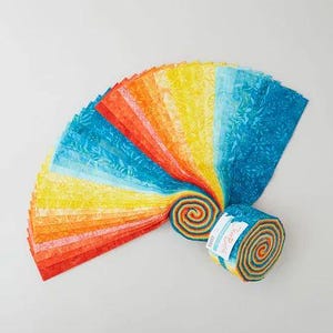 May include: A jelly roll fabric bundle featuring a spectrum of colors from red and orange to yellow and teal. The fabric strips are arranged in a fan shape, displaying a tonal floral pattern on each piece, with a rolled coil at the base.