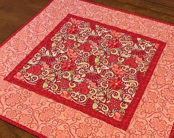 Red Floral Spring Table Topper, Quilted Floral Table Topper, Butterfly Table Topper, Red Table Topper, Spring Table Decor, Butterfly Decor