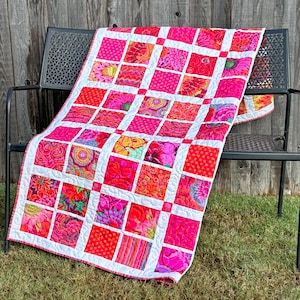 Pink and White Kaffe Fassett Handmade Throw Quilt, Modern Floral Throw Quilt with Kaffe Fassett Fabrics, Quilt for Sale 54&quot; X 65&quot;