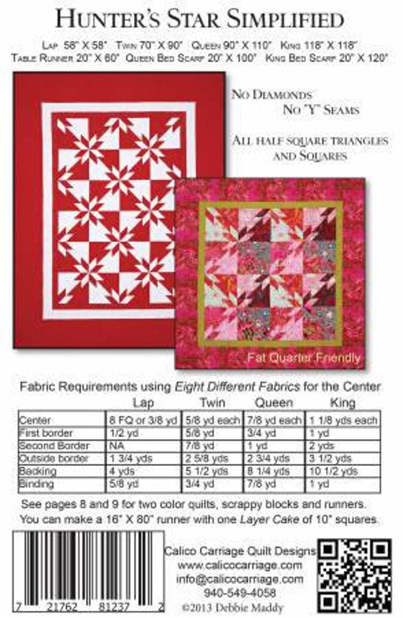 Hunter's Star Simplified Quilt Pattern Calico Carriage Quilts CCQD153, Seven Sizes Included No Y Seams and No Diamonds image 2