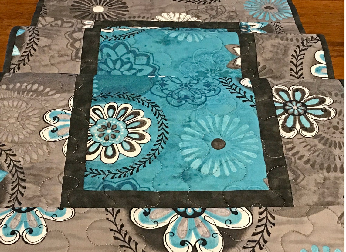 Teal and Gray Quilted Table Runner Teal Table Runner Quilted Etsy