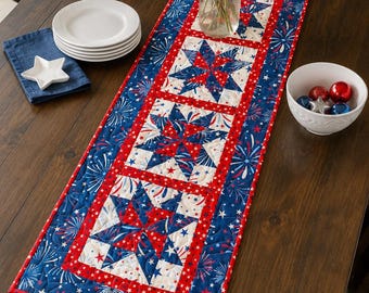 Pinwheel Stars Table Runner Pattern PDF Version CCQ076, Patriotic Stars Table Runner Pattern, Sawtooth Star Table Runner Pattern