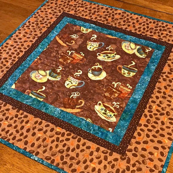 Coffee Theme Quilted Table Topper, Teal and Brown Table Topper, Coffee Bar Topper, Coffee Lover Gift, Coffee Cup Table Topper, Coffee Decor