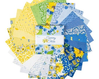 Sunny Skies 5" Stacker Charm Pack - Riley Blake Designs 5-14630-42, Blue Yellow Sunflower Themed Charm Pack, Blue Yellow Floral Charm Pack