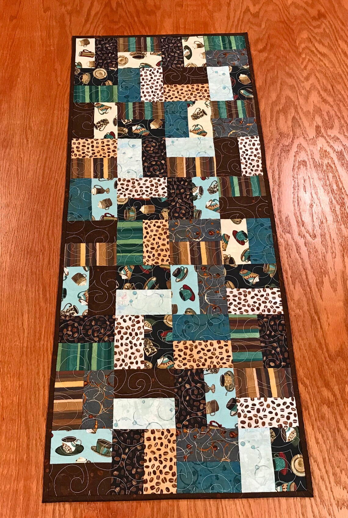 Teal and Brown Coffee Themed Table Runner Coffee Table Etsy