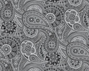 108" Paisley Paradise Black and White Paisley Wide Quilt Backing Fabric - Henry Glass 1181W-99, Gray Wide Quilt Backing Fabric By the Yard