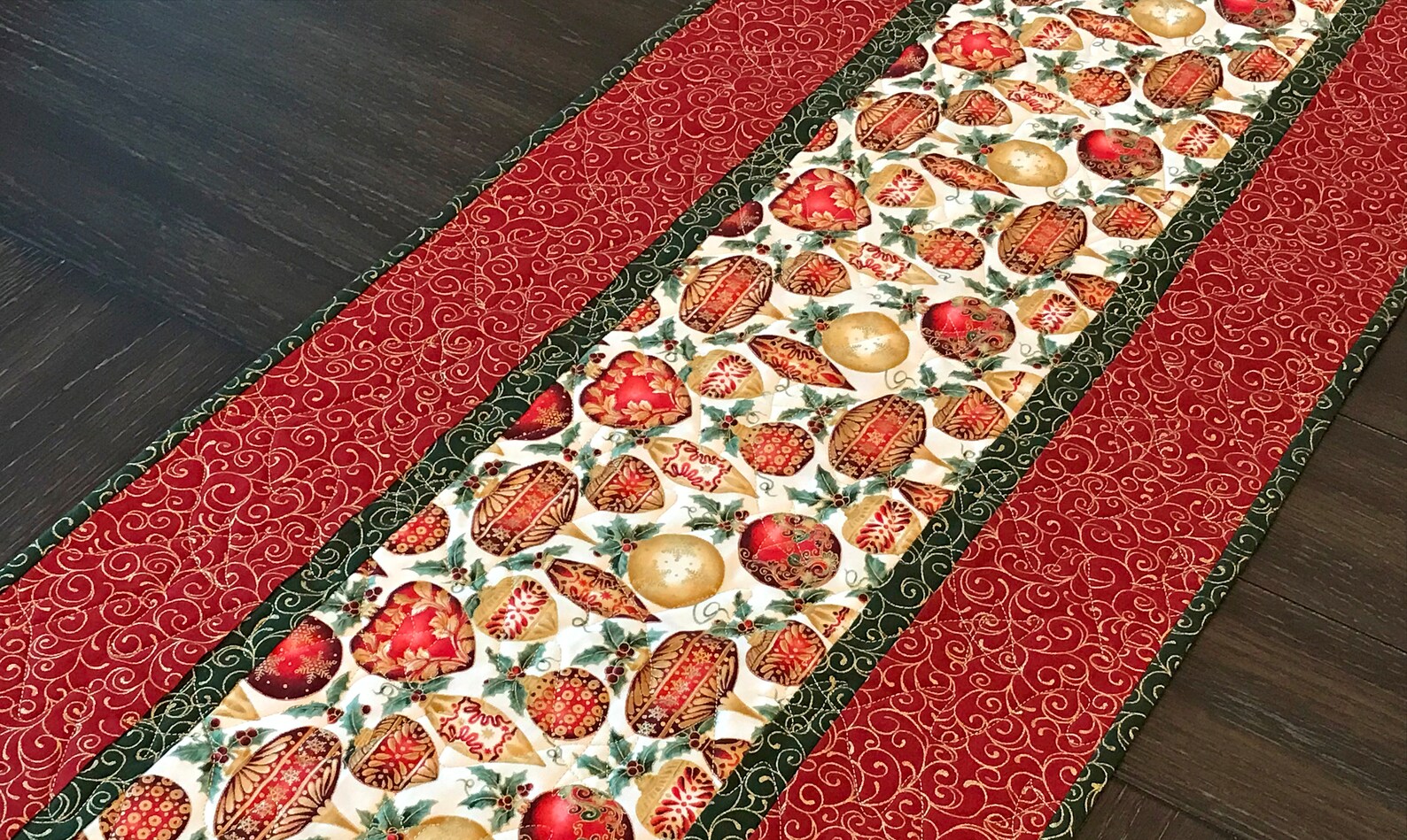Christmas Ornament Table Runner With Gold Metallic Quilted Etsy