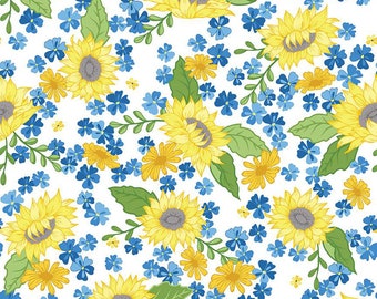 Sunny Skies Tela principal de girasol blanco - Riley Blake Designs C14630R-WHITE, tela floral de girasol azul amarillo y blanco cortada a medida