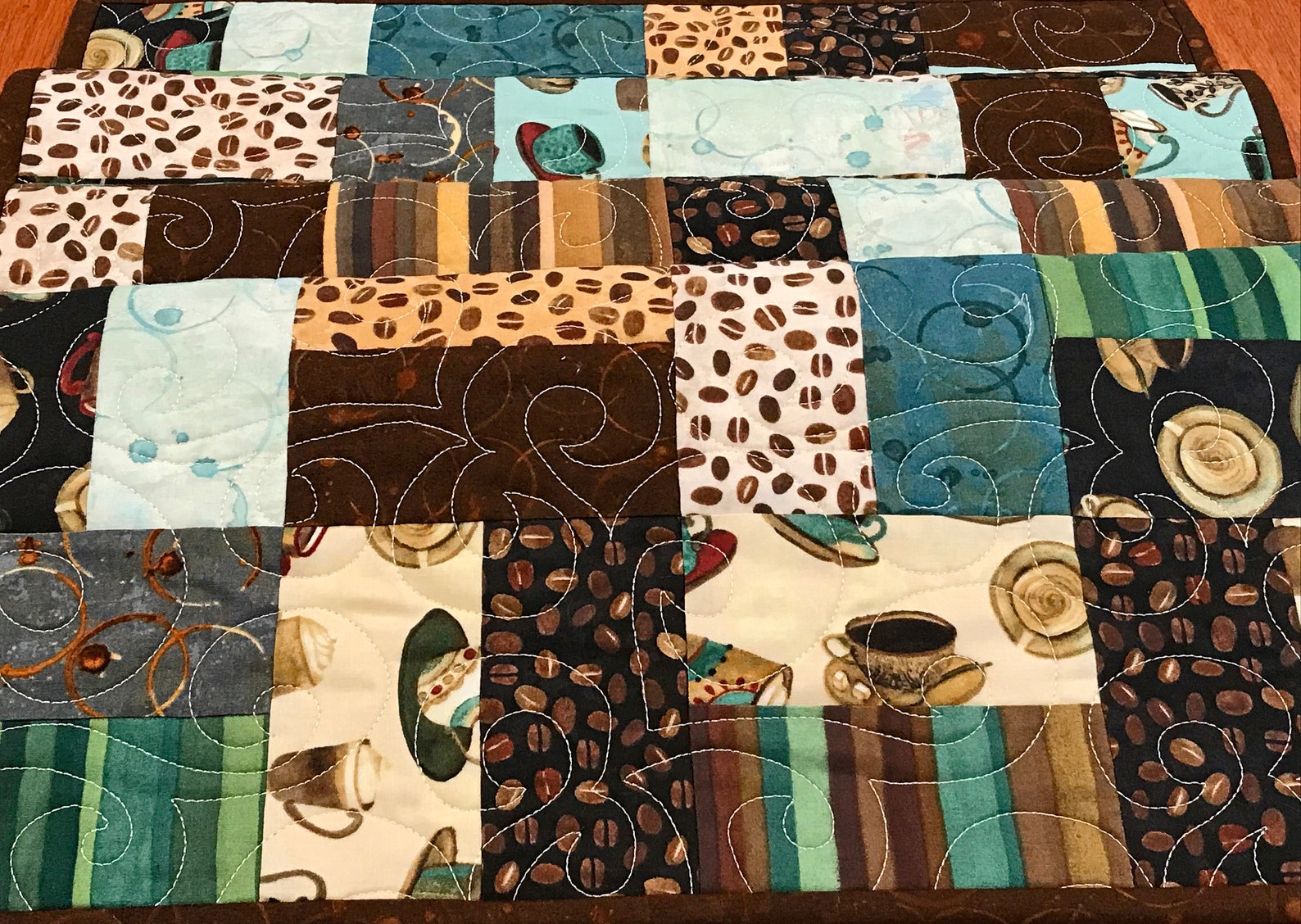 Teal and Brown Coffee Themed Table Runner Coffee Table Etsy