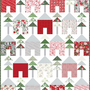 May include: A white background with a pattern of red and green houses and trees. The houses are all different shapes and sizes, and some have white trim. The trees are all green and have white trunks.