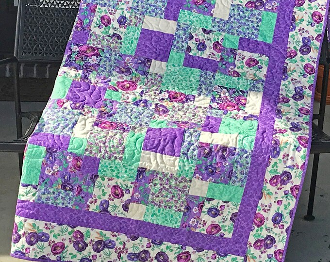 Purple and Green Patchwork Throw Quilt, Handmade Violet Themed Throw