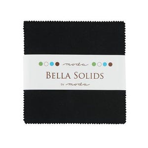May include: A stack of black fabric squares, wrapped with a white band featuring the text "BELLA SOLIDS by moda." The band also includes small colored dots. The fabric has a textured appearance and is likely intended for quilting or other fabric crafts.