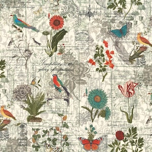 May include: A patterned fabric featuring a collage of botanical elements. The design includes colorful birds, butterflies, flowers, and foliage, set against a backdrop of vintage script and text. The phrase "Simplicity is the glory of expression" is visible.