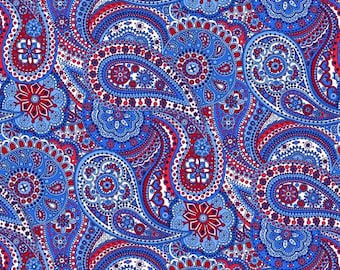 108" Paisley Paradise Rojo Blanco y Azul Paisley Tejido de respaldo de edredón ancho - Henry Glass 1181W-78, tejido de respaldo de edredón ancho cortado a medida