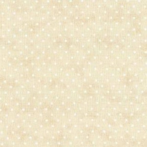 May include: Cream-colored fabric with a subtle, textured appearance. The fabric is patterned with evenly spaced, small white polka dots. The overall effect is a soft, vintage aesthetic, suitable for various craft and sewing projects.