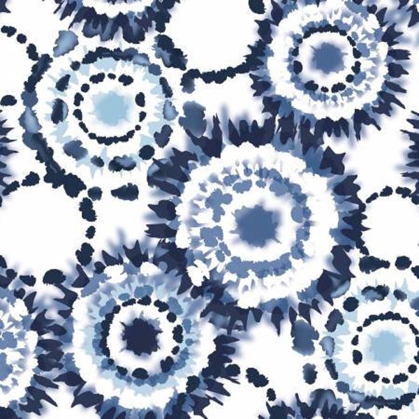 Indigo Elements White Tie Dye Fabric 2833C-10, Stuart Hillard, The Craft Cotton Company, Blue White Tie Dye Circles Fabric, By the Yard