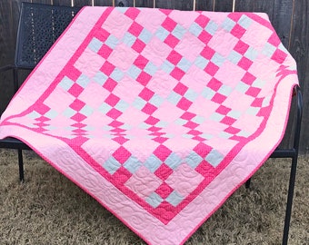Pink and Gray Patchwork Baby or Toddler Quilt, Baby Girl Handmade Quilt, Pink and Gray Toddler Girl Crib Quilt, Baby Shower Gift 41" X 49"