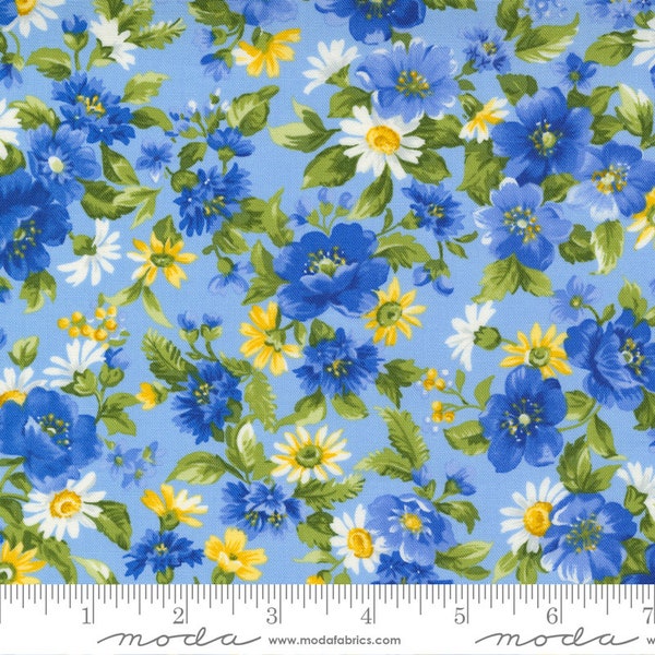 Summer Breeze Sky Multi Floral, Moda 33611 15, Blue White Yellow Floral Fabric, Summer Breeze Fabric, Wildflower Floral Fabric, By the Yard