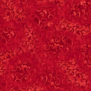 May include: Red fabric with a repeating pattern of dark red stylized floral vines. The background is a solid red color.