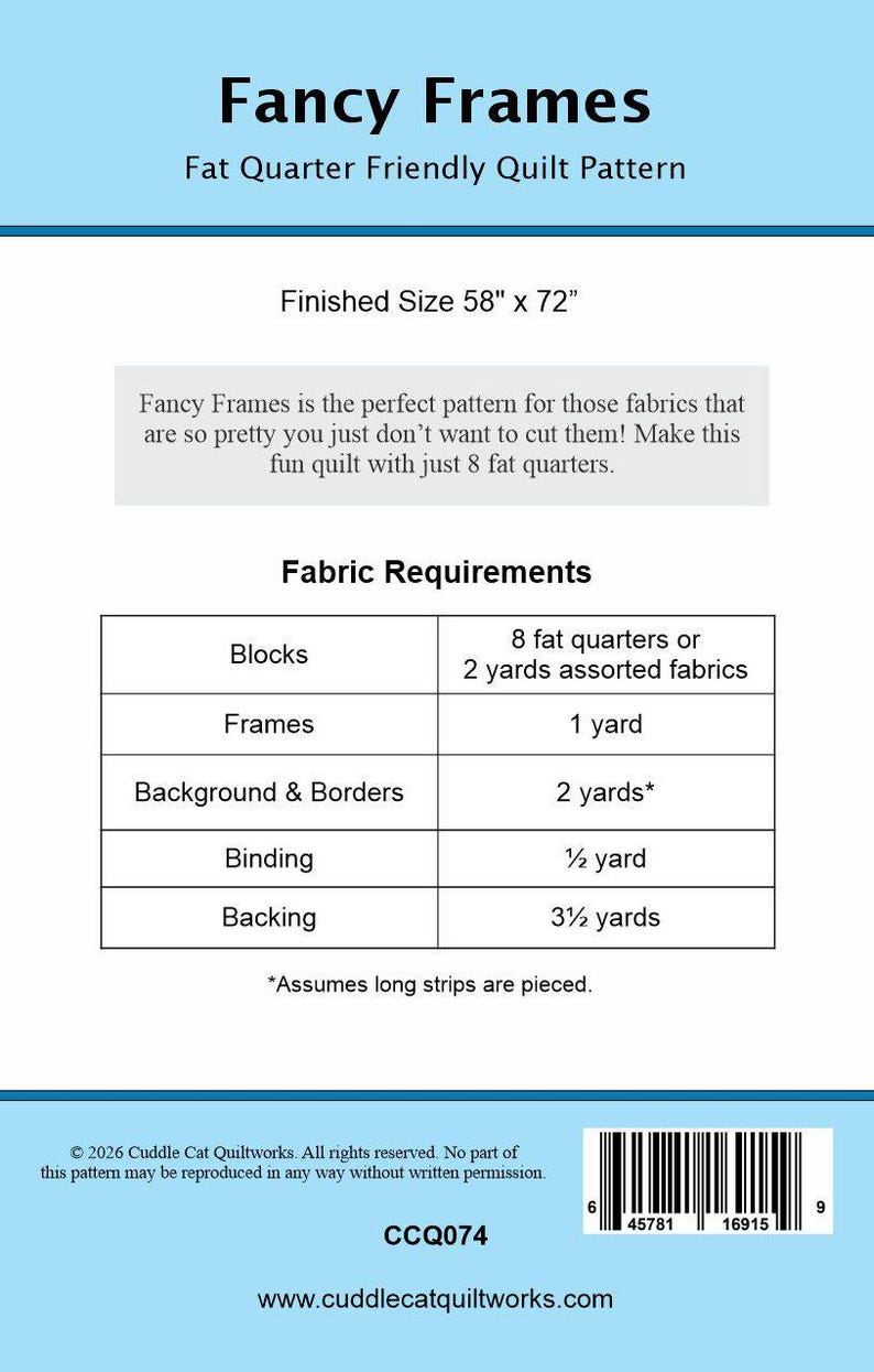 Fancy Frames Quilt Pattern PDF Version, Cuddle Cat Quiltworks CCQ074, Fat Quarter Friendly Big Block Quilt Pattern for Large Prints image 9