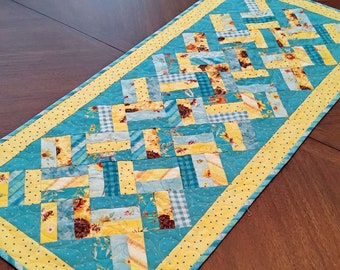 Teal and Yellow Braided Table Runner, Turquoise and Yellow Coffee Table Runner, Sunflower Table Decor, Sunflower Table Runner 16" X 36"