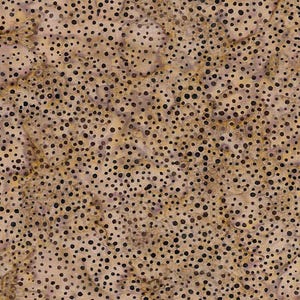 May include: A fabric with a mottled beige background and a pattern of irregularly spaced black dots. The dots vary in size, creating a textured appearance. The fabric has a batik-like quality, with subtle color variations.