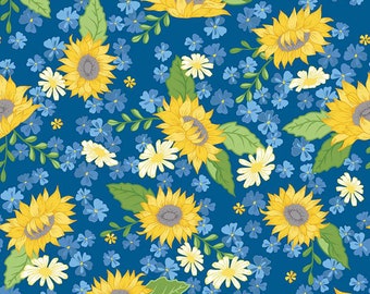 Tela de girasol Sunny Skies Main Dusk - Riley Blake Designs C14630R-DUSK, tela floral de girasol azul y amarillo cortada a medida