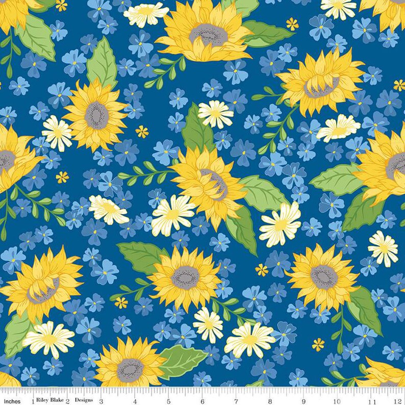 Sunny Skies Main Dusk Sunflower Fabric Riley Blake Designs C14630R-DUSK, Blue and Yellow Sunflower Floral Fabric By the Yard zdjęcie 1