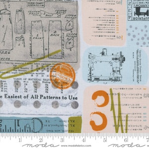 May include: A colorful fabric print featuring a vintage sewing machine, a ruler, and a pattern for a skirt. The fabric is a light blue with a white polka dot pattern. The text on the fabric includes "The Easiest of All Patterns to Use" and "Croda's Thread".