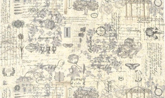 Collections Etchings Collage Charcoal Fabric, Moda 44370-11, Neutral Background Fabric, Cream and Light Gray Background Fabric