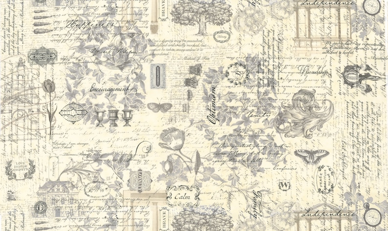 May include: Cream-colored fabric with a vintage design featuring script, floral patterns, and decorative elements. The design includes words like "Encouragement" and "Calm", along with illustrations of butterflies, trees, and architectural details.