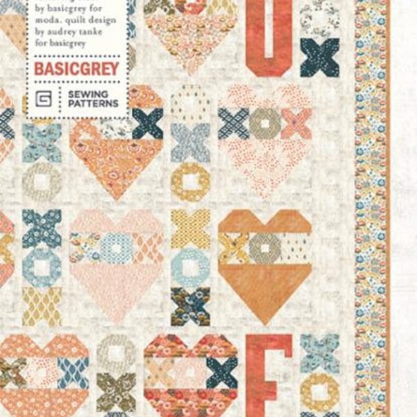 Fall N Love Quilt Pattern by BasicGrey PAT031, Modern Love Themed Quilt Pattern in Two Sizes, Fat Eighth Friendly, Hugs Kisses Quilt Pattern