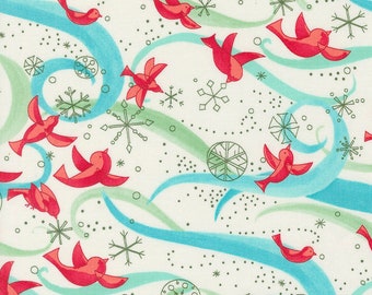 Tela invernal de pájaros crema con cintas - Telas Moda 48761-11, tela de pájaros y copos de nieve con temática navideña cortada a medida