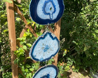 Hand Made in USA Huge Wind Powered 26" Long 4 Piece Crystal Eye Hollow Banded Agate Wind Spinner (Sky Blue Color) - (S50100B)
