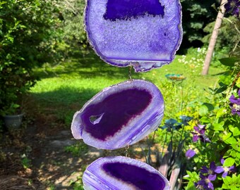 Hand Made in USA Exotic Wind Powered Very Large 26 1/2" Long 4 Piece Crystal Eye Banded Agate Wind Spinner (Purple Color) - (S50101P)