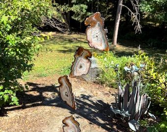 Handmade Agate 5 Slice Distressed Crystal Eye Wind Chime: Birch Wood (Natural Stone) (AC2009N)
