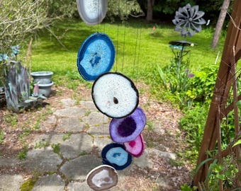 Campanillas de viento grandes de ágata con forma de ojo de cristal, hechas a mano en EE. UU., de 7 piezas (varios colores) (madera de abedul) (AC2067M)