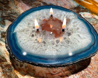 Hand Made in USA One of a kind 7 1/8" Wide Crystal Eye Banded Agate 3 Flame Candle (Teal) (1 Oil Reservoir) (C10303T)