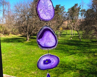 Hand Made in USA Exotic Wind Powered 20 3/4" Long 4 Piece Crystal Eye Banded Agate Wind Spinner (Purple Color) - (S50055P)