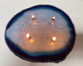 Vela de aceite de ágata cristalina de cuatro llamas hecha a mano - Cristal azul (C10321B)