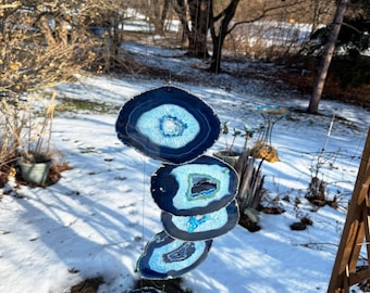 Handmade Large Blue Hollow Crystal Agate Wind Chime: Birch Wood (AC2045B)