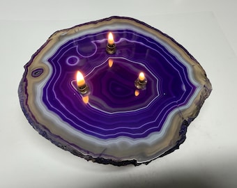Vela de ágata con bandas y 3 llamas, hecha a mano (morada) (1 depósito) (C10344P)