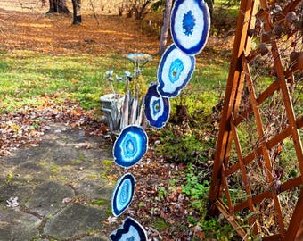 7 Piece Large Hollow Crystal Eye Agate Chimes, Blue, Birch Wood -AC2035B