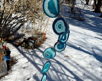 Handmade Teal 7 piece Very Large Hollow Agate Wind Chimes: Birch Wood, Crystal Eye Design (AC1932T)
