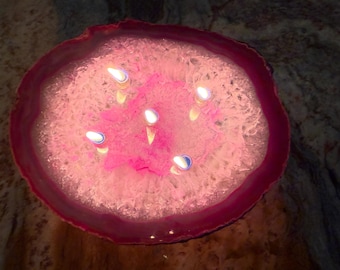 Handmade Agate Candle: Purple Banded Crystal, 5 Flame Oil Candle (C10329P)