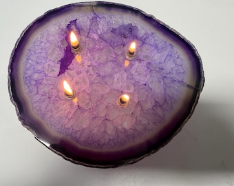 Handmade Purple Agate Candle: 4-Flame Crystal Oil Candle, 7" (C10341P)